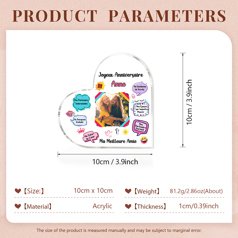 Plaque Acrylique Cœur 1 Prénom et Photo Personnalisés Cadeau pour anniversaire d'ami | Jessemade