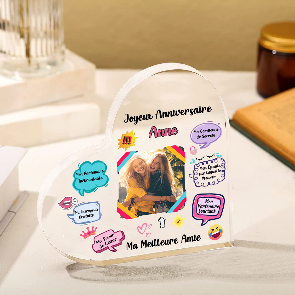 Plaque Acrylique Cœur 1 Prénom et Photo Personnalisés Cadeau pour anniversaire d'ami | Jessemade