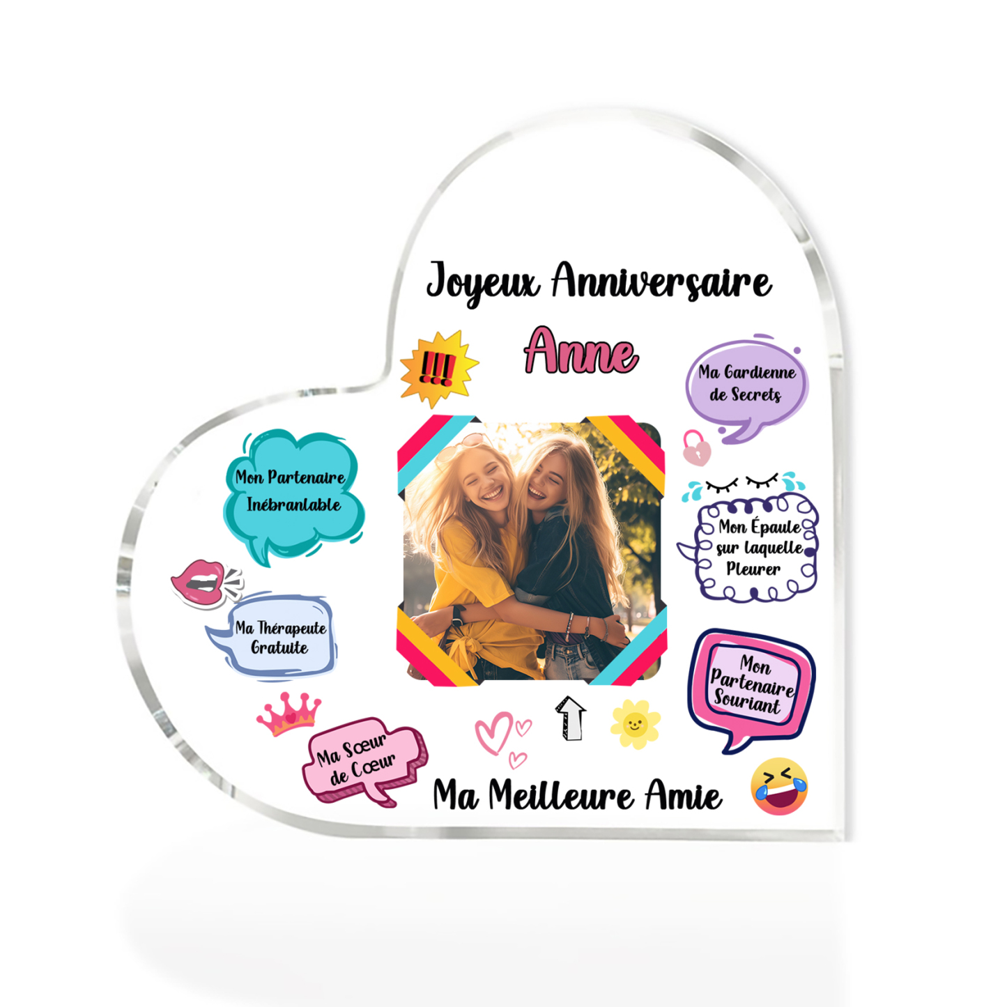 Plaque Acrylique Cœur 1 Prénom et Photo Personnalisés Cadeau pour anni