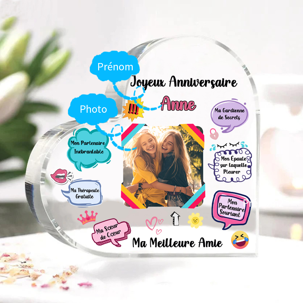 Plaque Acrylique Cœur 1 Prénom et Photo Personnalisés Cadeau pour anniversaire d'ami | Jessemade