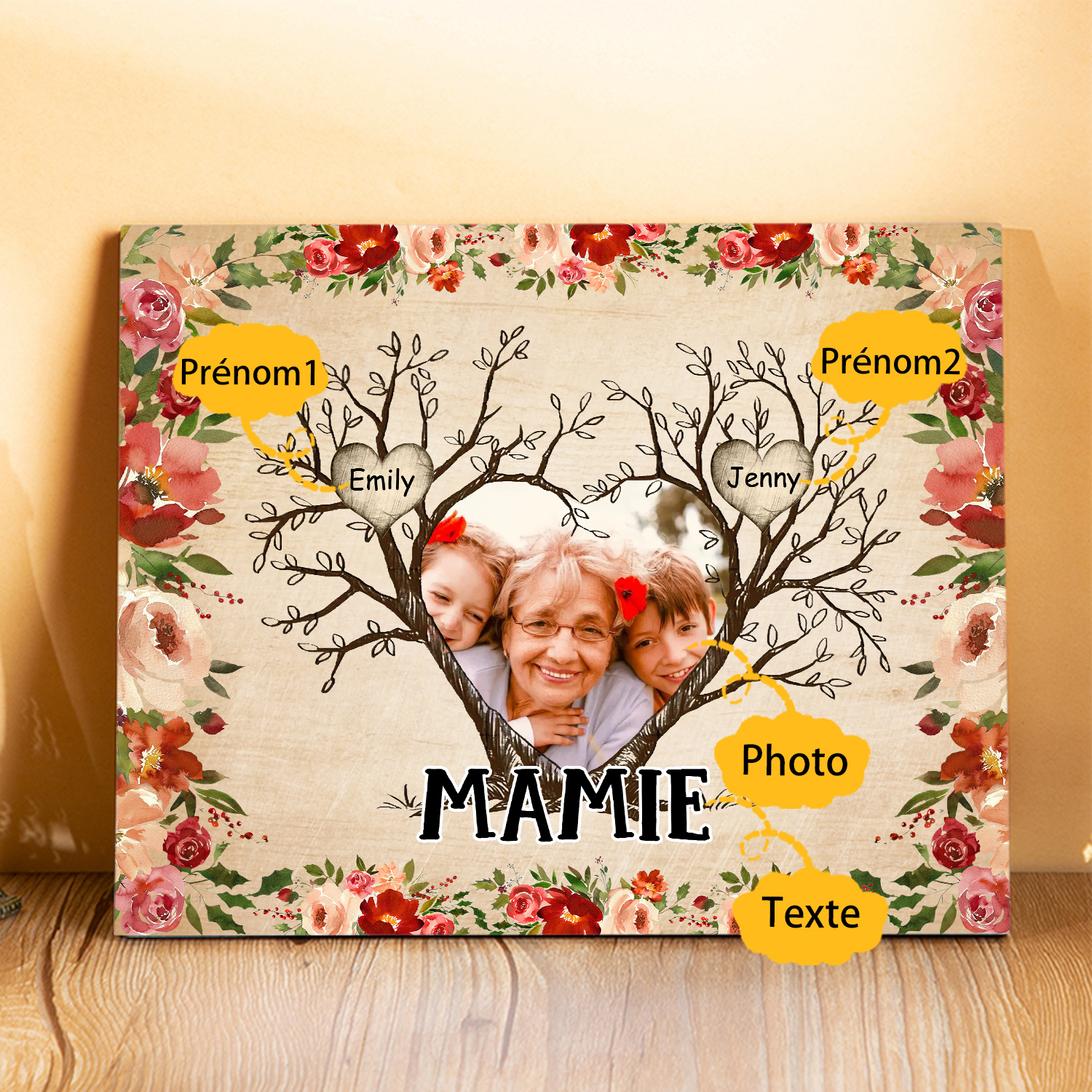 À ma Mamie Cadre imprimé en bois 2 Prénom personnalisé avec Texte et Photo|Jessemade