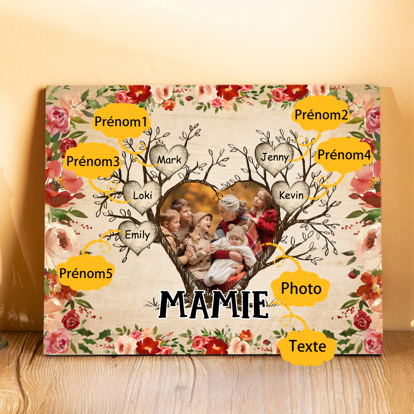 À ma Mamie Cadre imprimé en bois 5 Prénoms personnalisés avec Texte et Photo|Jessemade