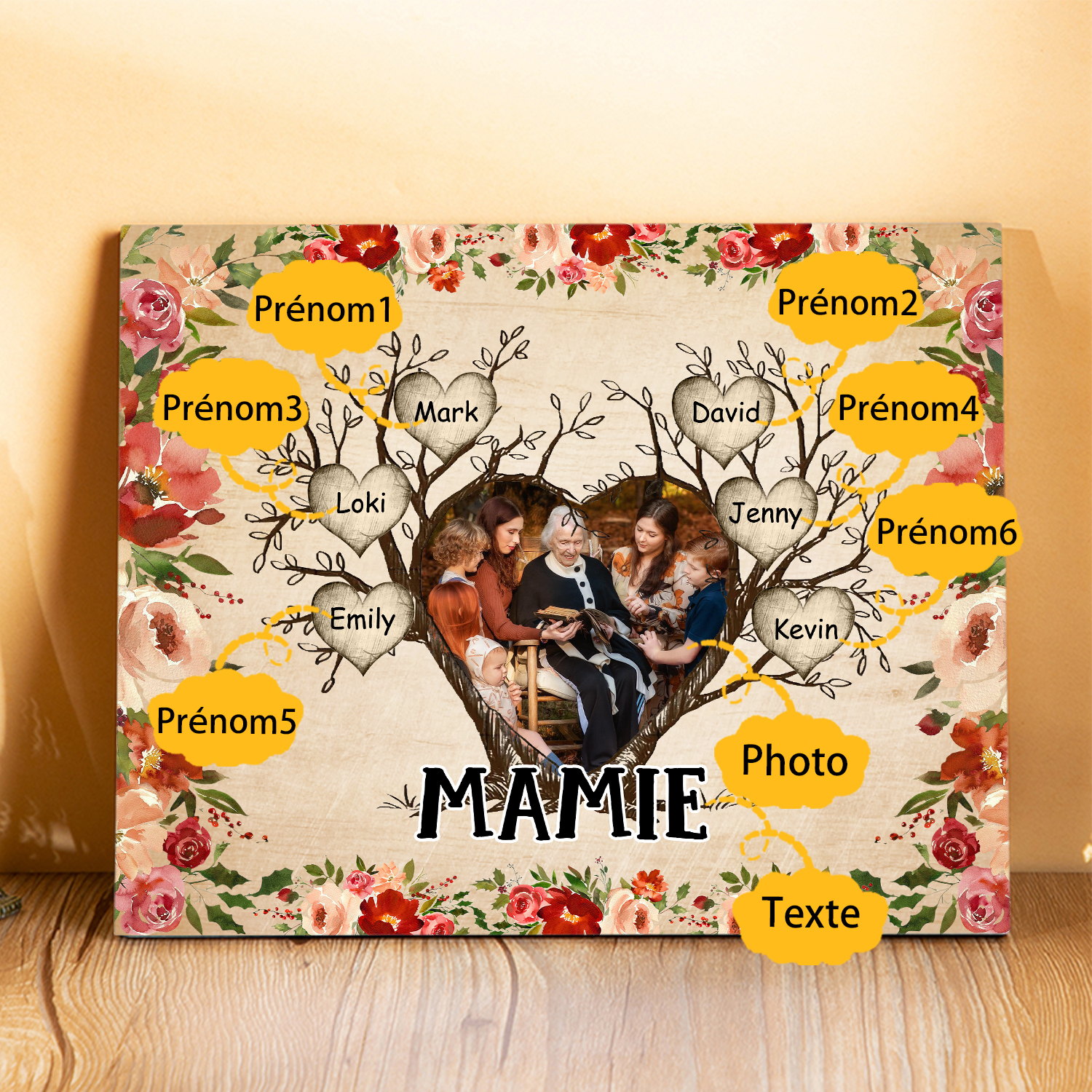 À ma Mamie Cadre imprimé en bois 6 Prénoms personnalisés avec Texte et Photo｜Jessemade