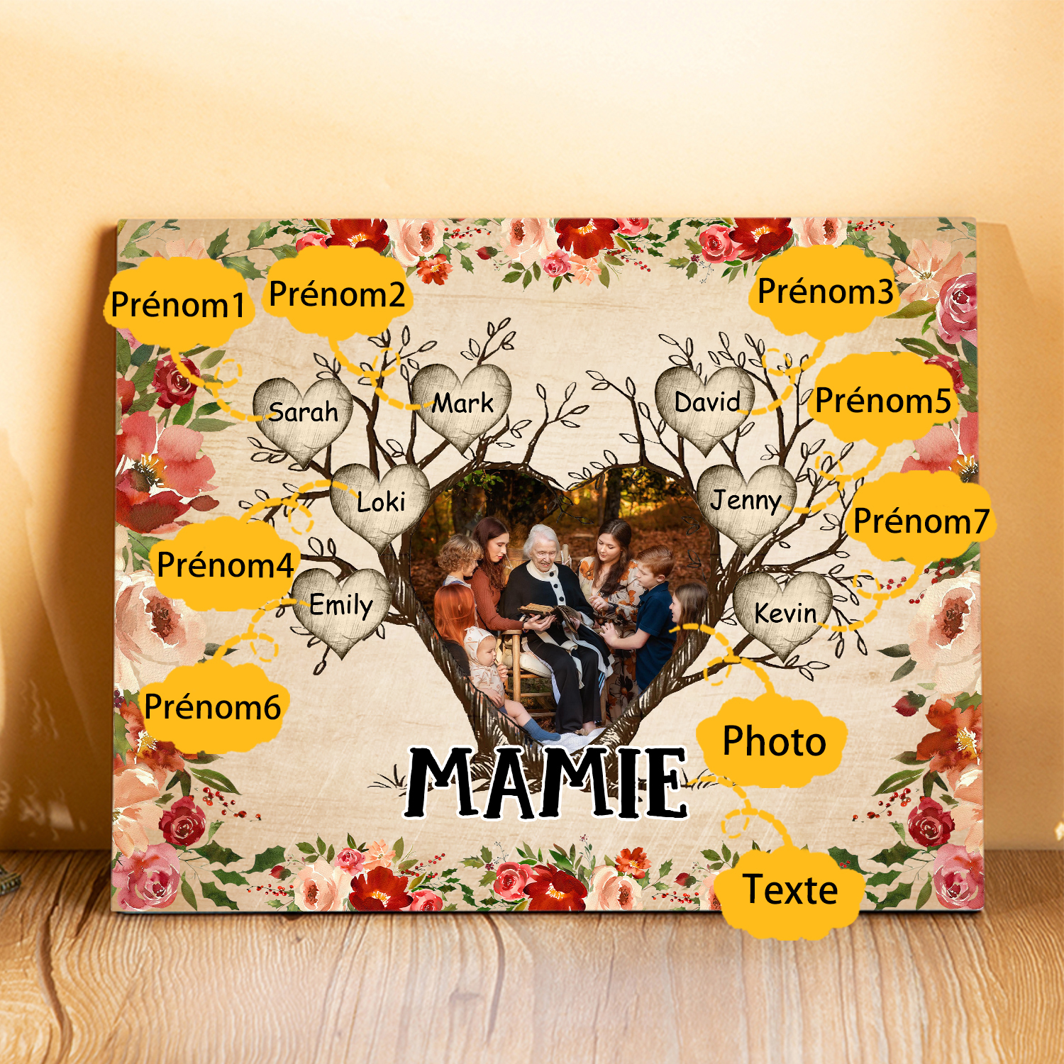 À ma Mamie Cadre imprimé en bois 7 Prénoms personnalisés avec Texte et Photo｜Jessemade