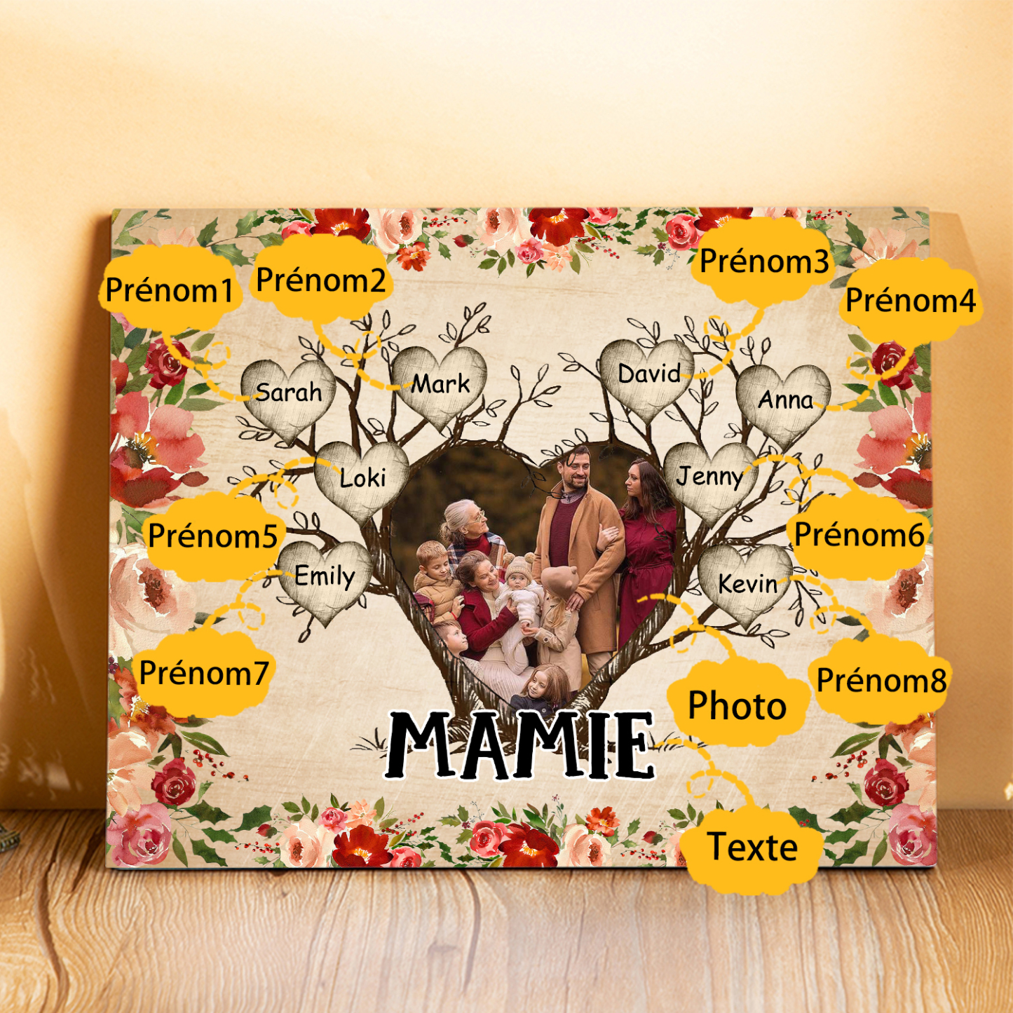 À ma Mamie Cadre imprimé en bois 8 Prénoms personnalisés avec Texte et Photo|Jessemade