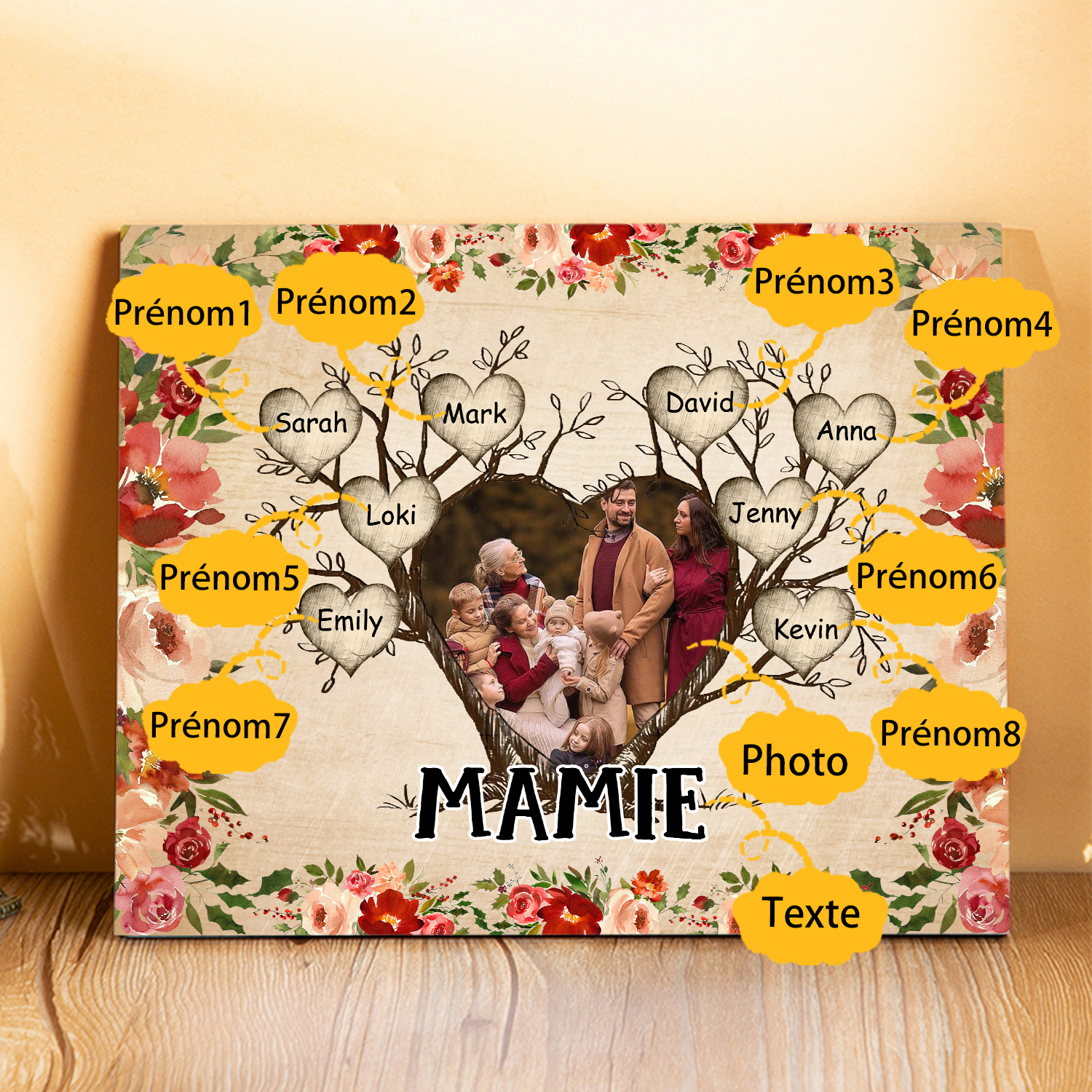 À ma Mamie Cadre imprimé en bois 8 Prénoms personnalisés avec Texte et Photo|Jessemade