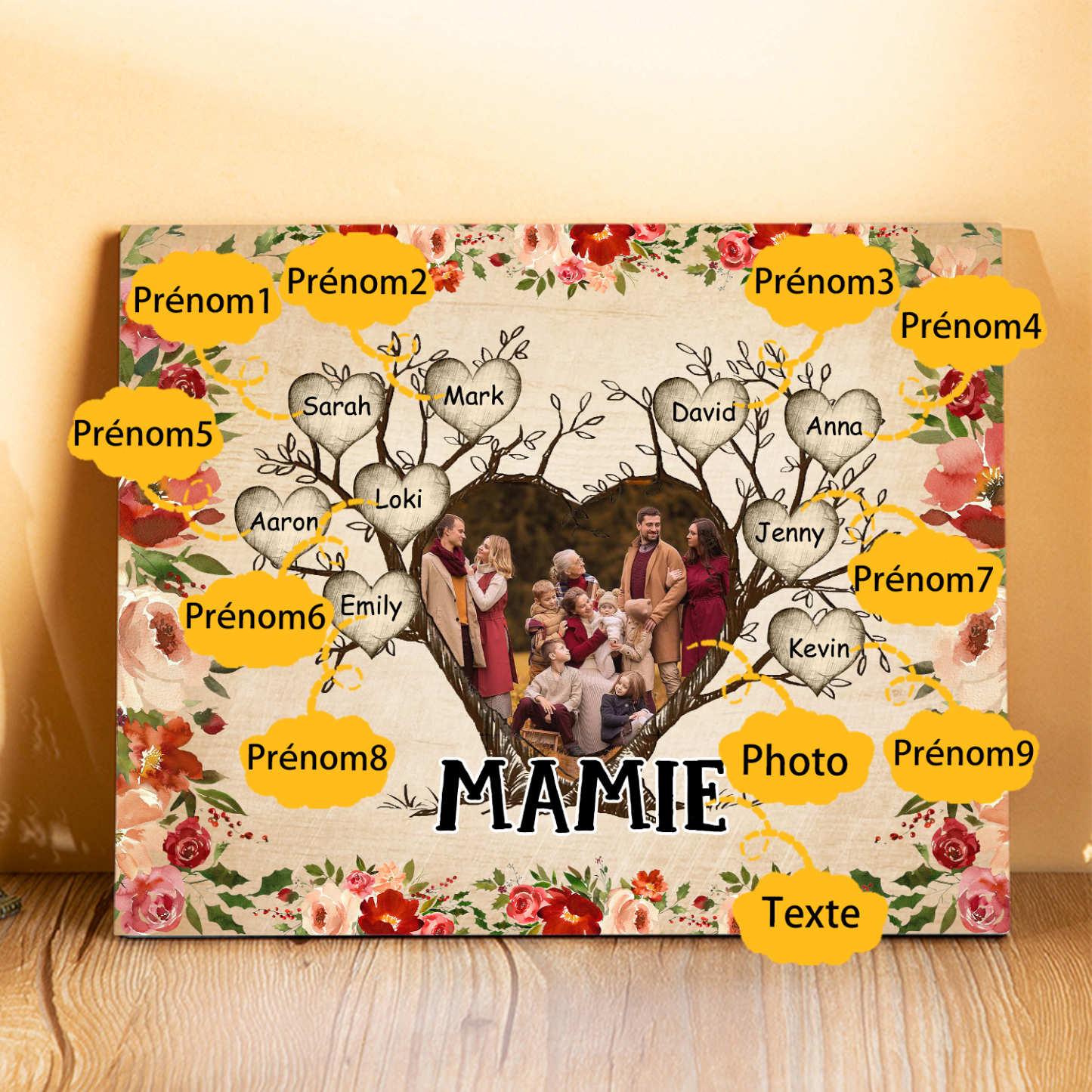 À ma Mamie Cadre imprimé en bois 9 Prénoms personnalisés avec Texte et Photo|Jessemade