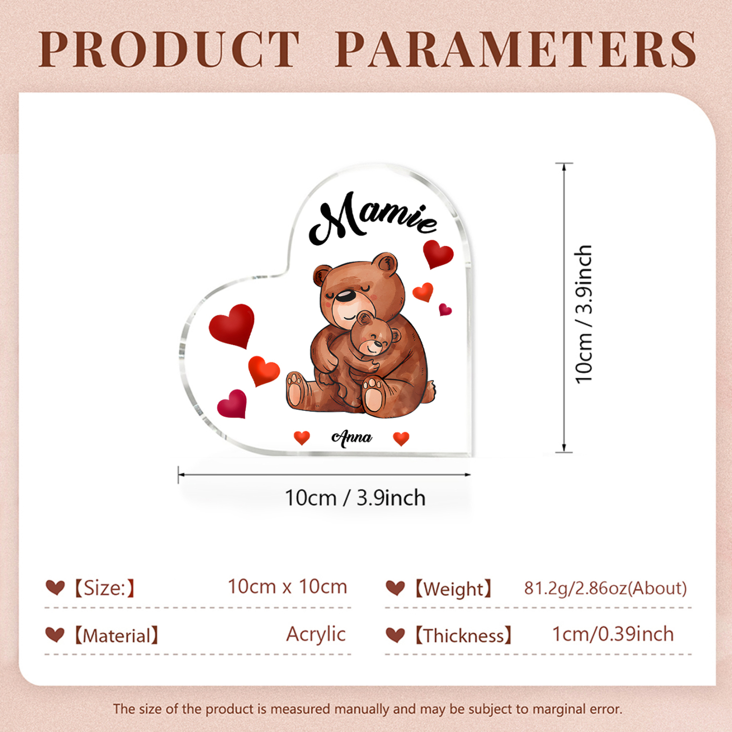 À Ma Mamie Plaque Acrylique Commémorative en Forme de Cœur ours 1 Prénoms avec texte | Jessemade