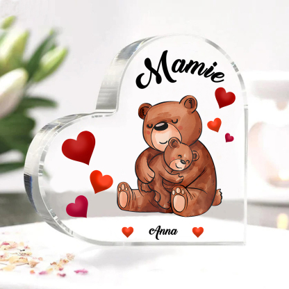 À Ma Mamie Plaque Acrylique Commémorative en Forme de Cœur ours 1 Prénoms avec texte | Jessemade