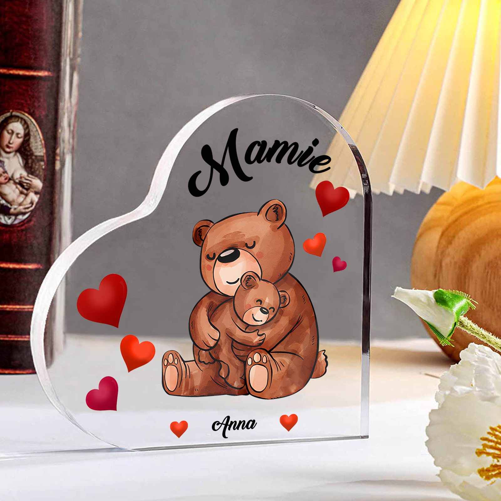 À Ma Mamie Plaque Acrylique Commémorative en Forme de Cœur ours 1 Prénoms avec texte | Jessemade