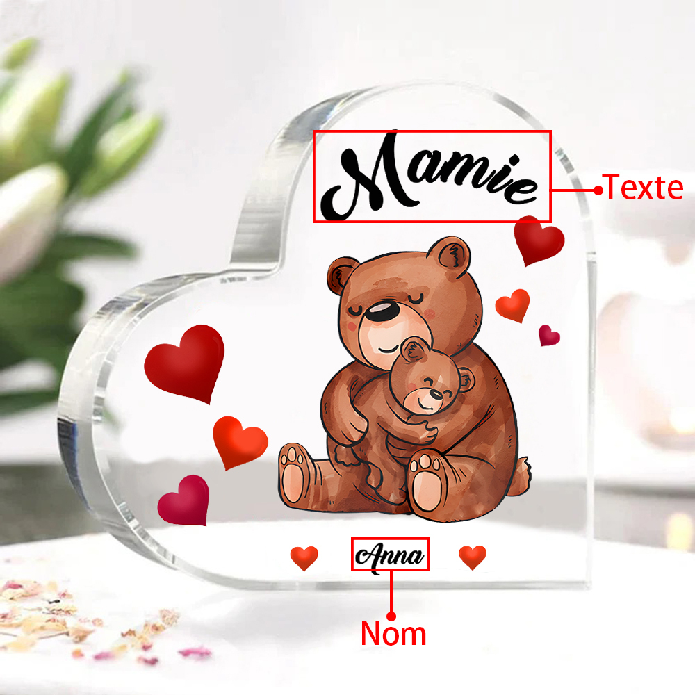 À Ma Mamie Plaque Acrylique Commémorative en Forme de Cœur ours 1 Prénoms avec texte | Jessemade