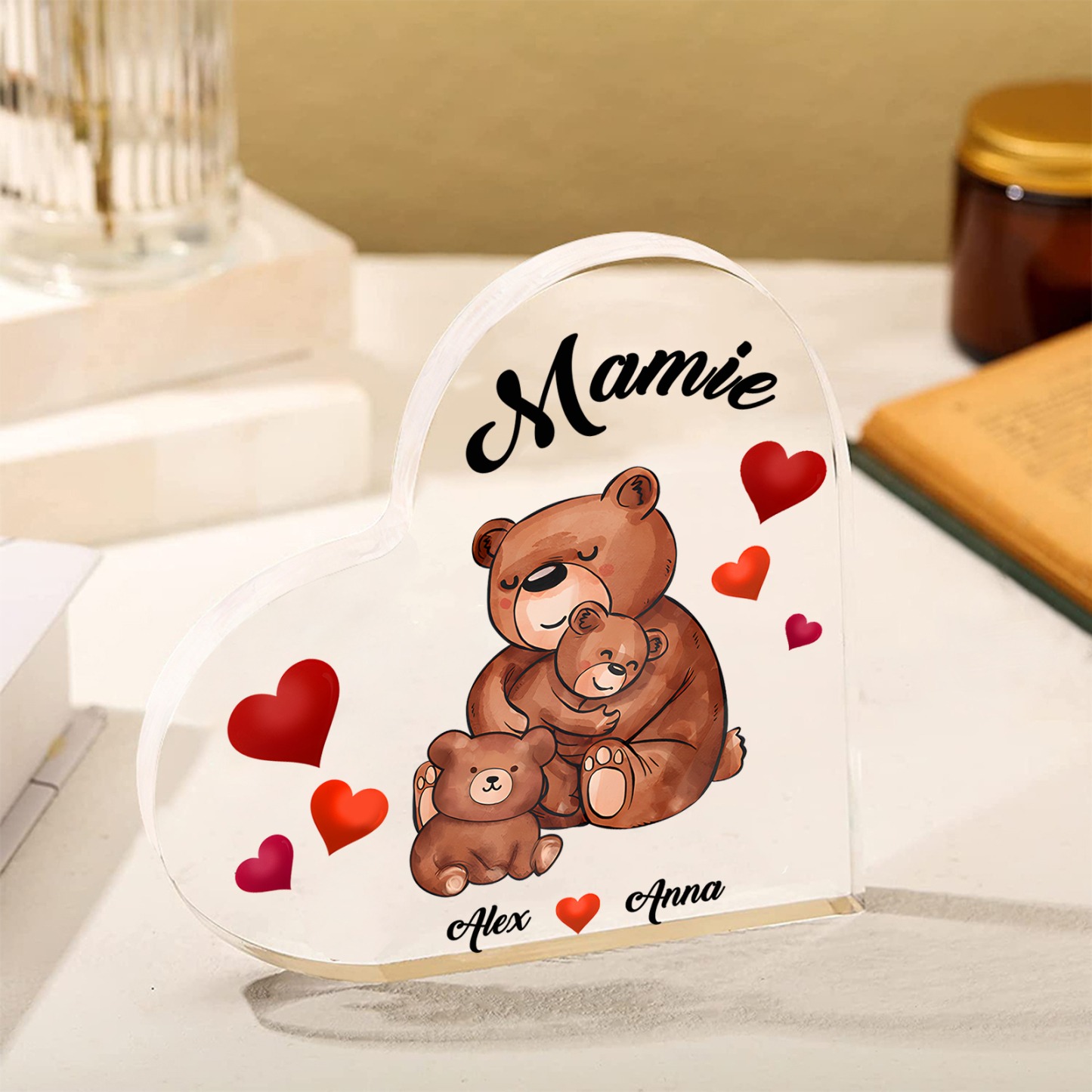 À Ma Mamie Plaque Acrylique Commémorative en Forme de Cœur ours 2 Prénoms avec texte | Jessemade
