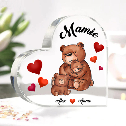 À Ma Mamie Plaque Acrylique Commémorative en Forme de Cœur ours 2 Prénoms avec texte | Jessemade