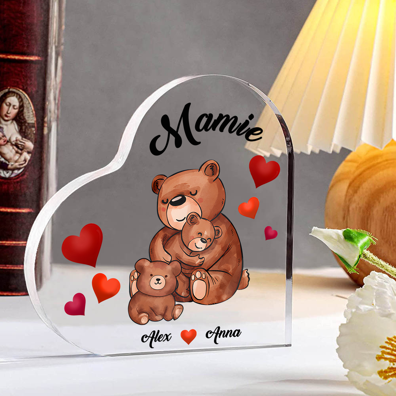 À Ma Mamie Plaque Acrylique Commémorative en Forme de Cœur ours 2 Prénoms avec texte | Jessemade