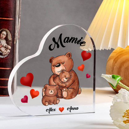 À Ma Mamie Plaque Acrylique Commémorative en Forme de Cœur ours 2 Prénoms avec texte | Jessemade