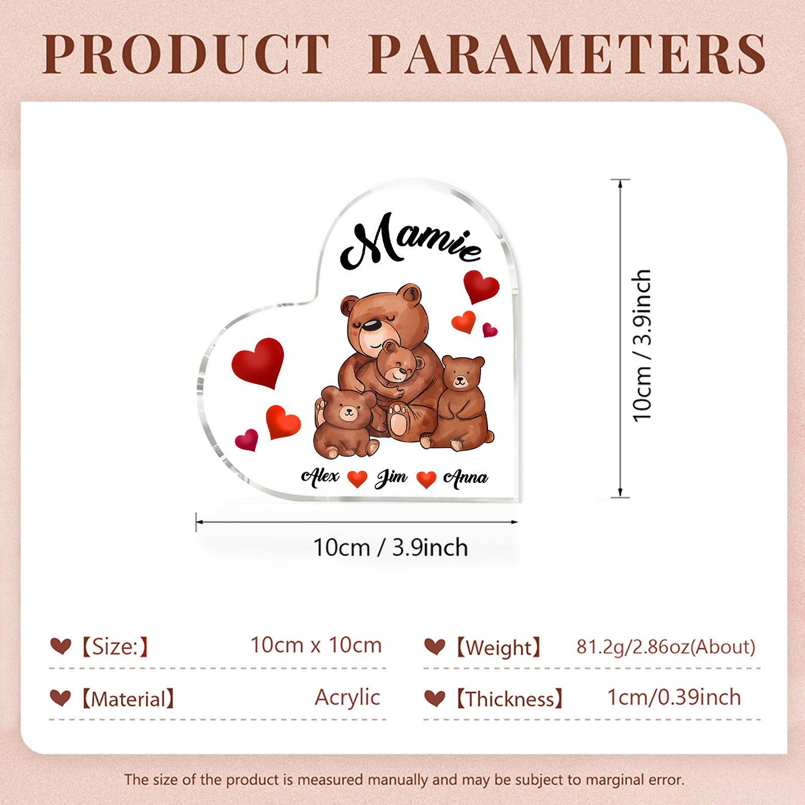 À Ma Mamie Plaque Acrylique Commémorative en Forme de Cœur ours 3 Prénoms avec texte | Jessemade