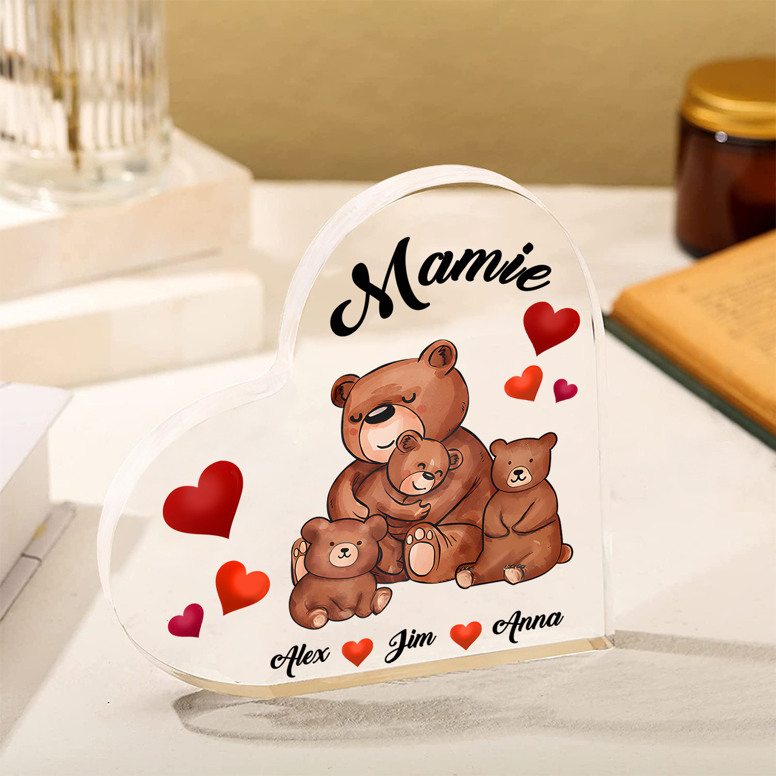 À Ma Mamie Plaque Acrylique Commémorative en Forme de Cœur ours 3 Prénoms avec texte | Jessemade