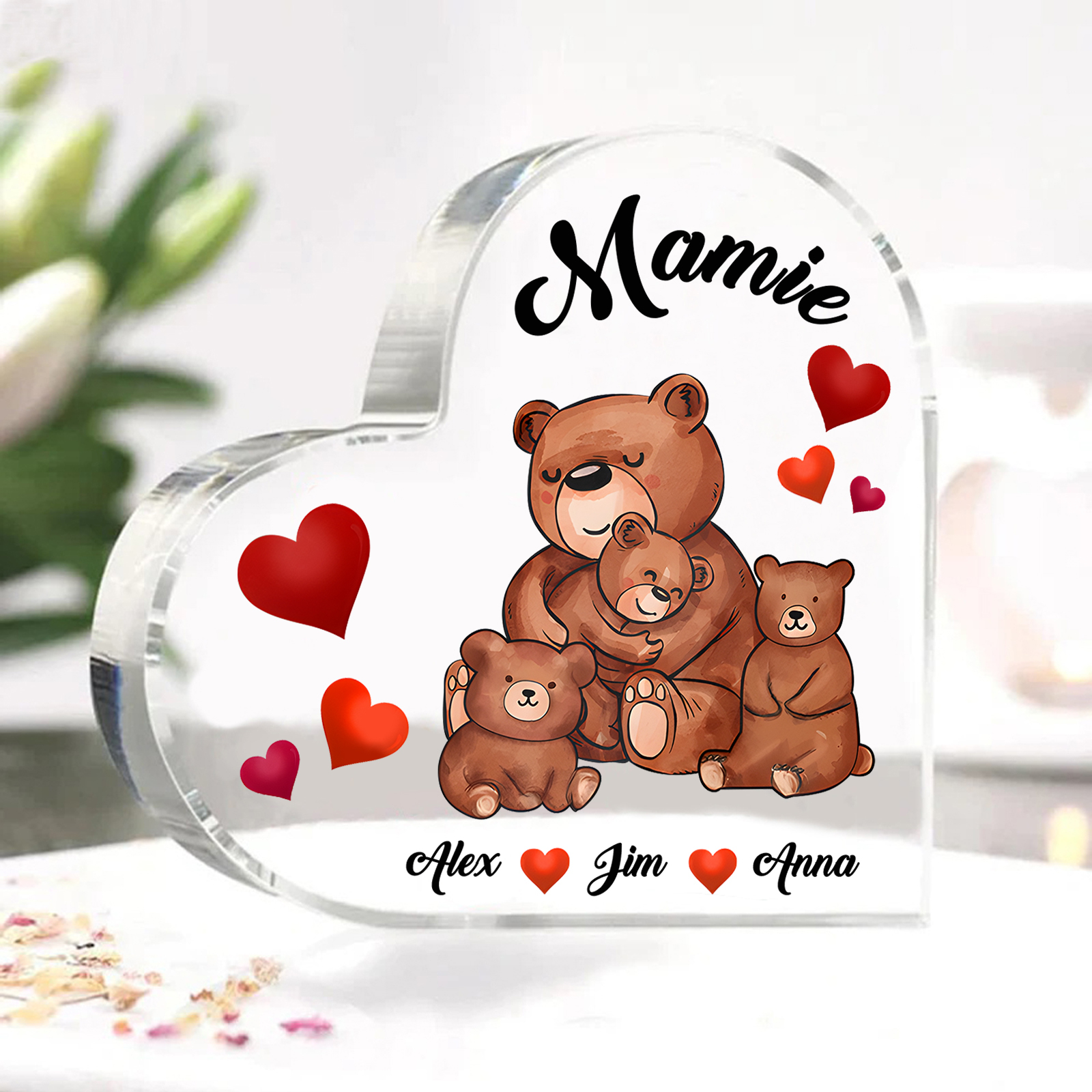 À Ma Mamie Plaque Acrylique Commémorative en Forme de Cœur ours 3 Prénoms avec texte | Jessemade