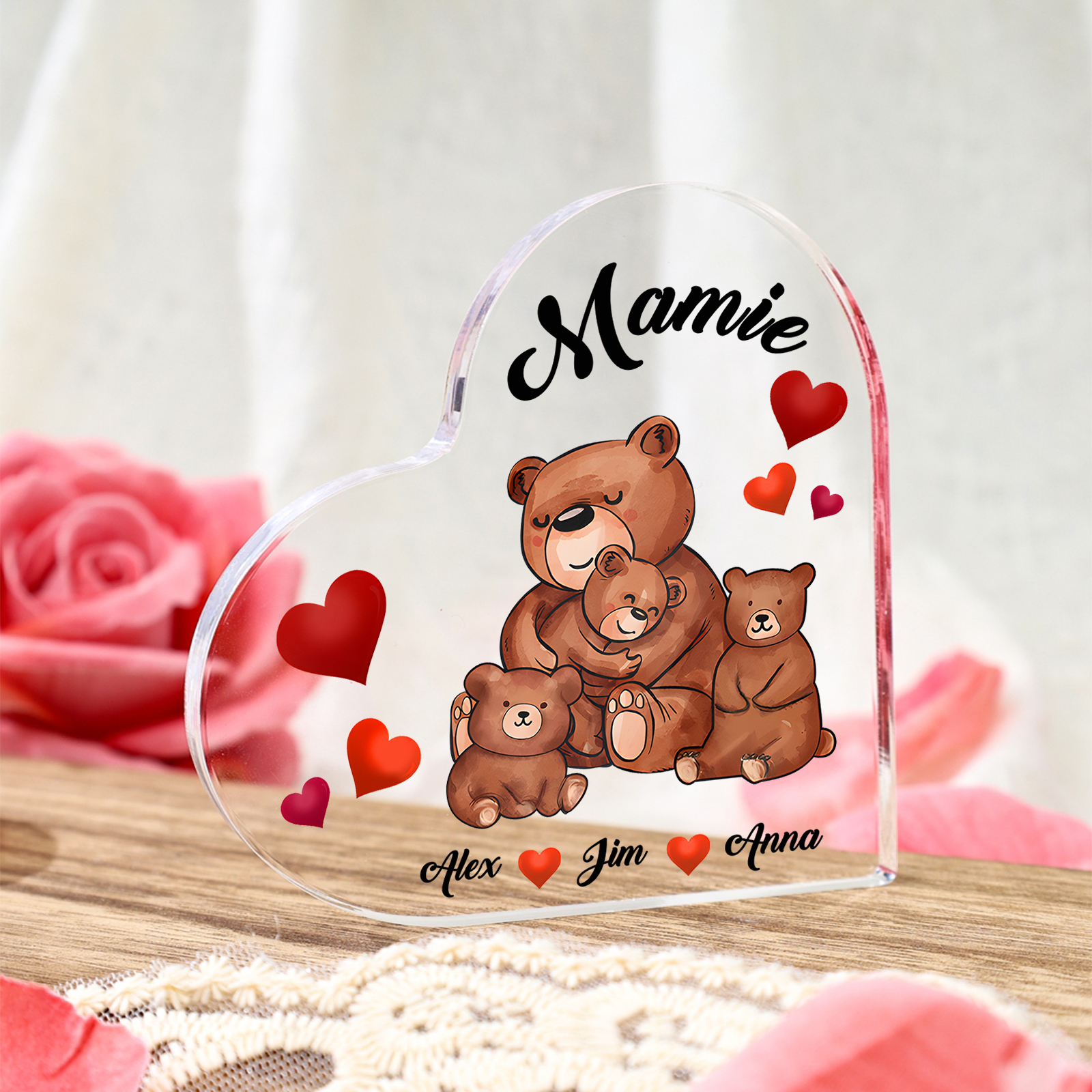À Ma Mamie Plaque Acrylique Commémorative en Forme de Cœur ours 3 Prénoms avec texte | Jessemade