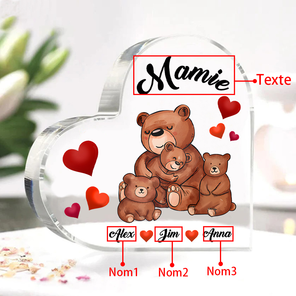 À Ma Mamie Plaque Acrylique Commémorative en Forme de Cœur ours 3 Prénoms avec texte | Jessemade
