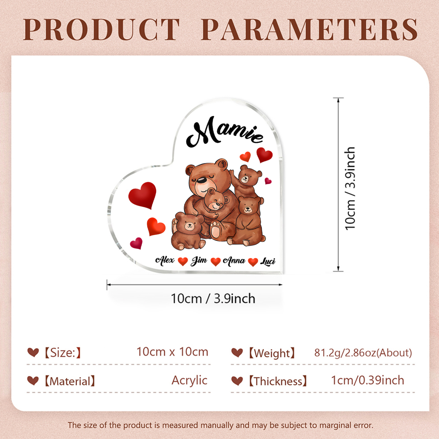 À Ma Mamie Plaque Acrylique Commémorative en Forme de Cœur ours 4 Prénoms avec texte | Jessemade