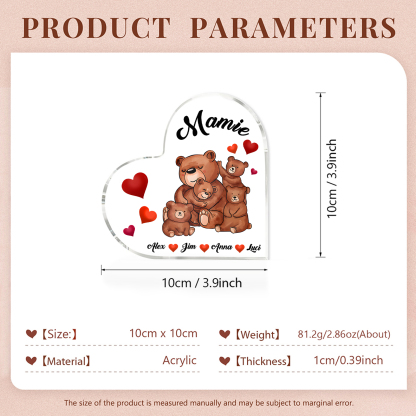 À Ma Mamie Plaque Acrylique Commémorative en Forme de Cœur ours 4 Prénoms avec texte | Jessemade