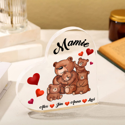 À Ma Mamie Plaque Acrylique Commémorative en Forme de Cœur ours 4 Prénoms avec texte | Jessemade