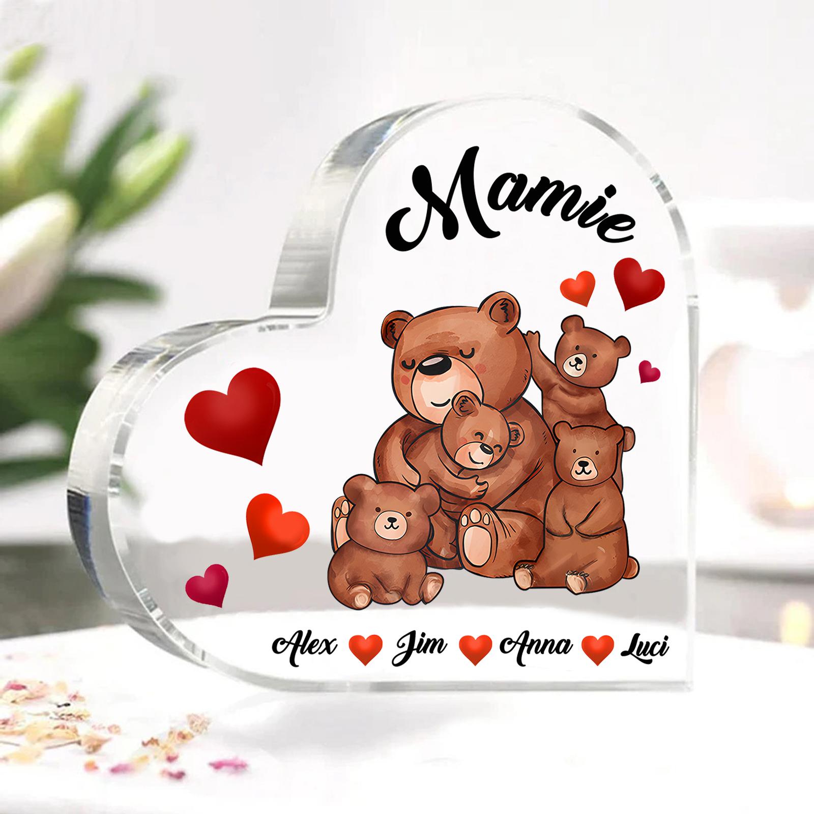 À Ma Mamie Plaque Acrylique Commémorative en Forme de Cœur ours 4 Prénoms avec texte | Jessemade