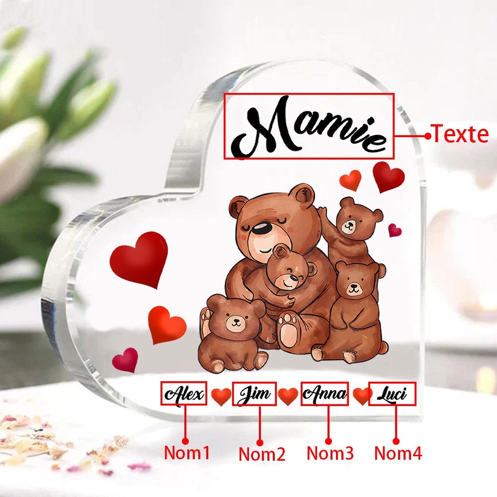 À Ma Mamie Plaque Acrylique Commémorative en Forme de Cœur ours 4 Prénoms avec texte | Jessemade