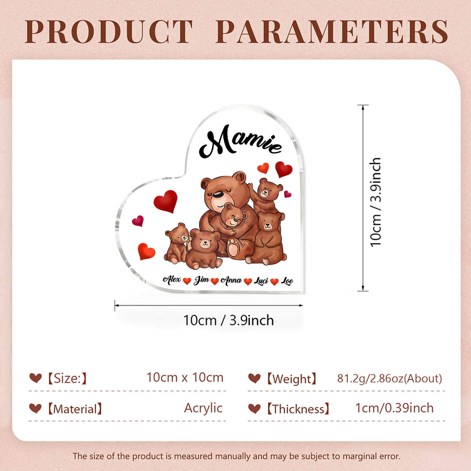 À Ma Mamie Plaque Acrylique Commémorative en Forme de Cœur ours 5 Prénoms avec texte | Jessemade