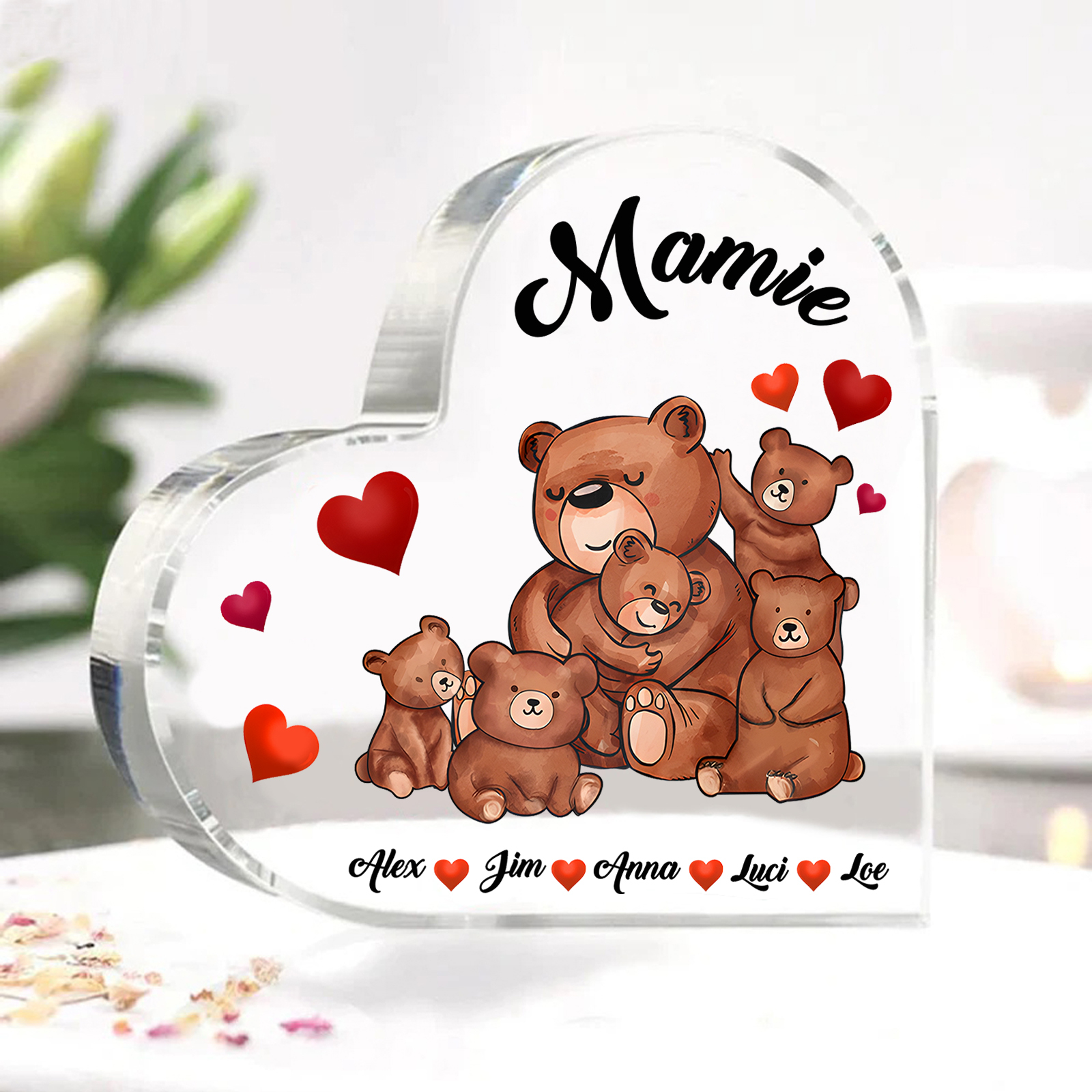 À Ma Mamie Plaque Acrylique Commémorative en Forme de Cœur ours 5 Prénoms avec texte | Jessemade