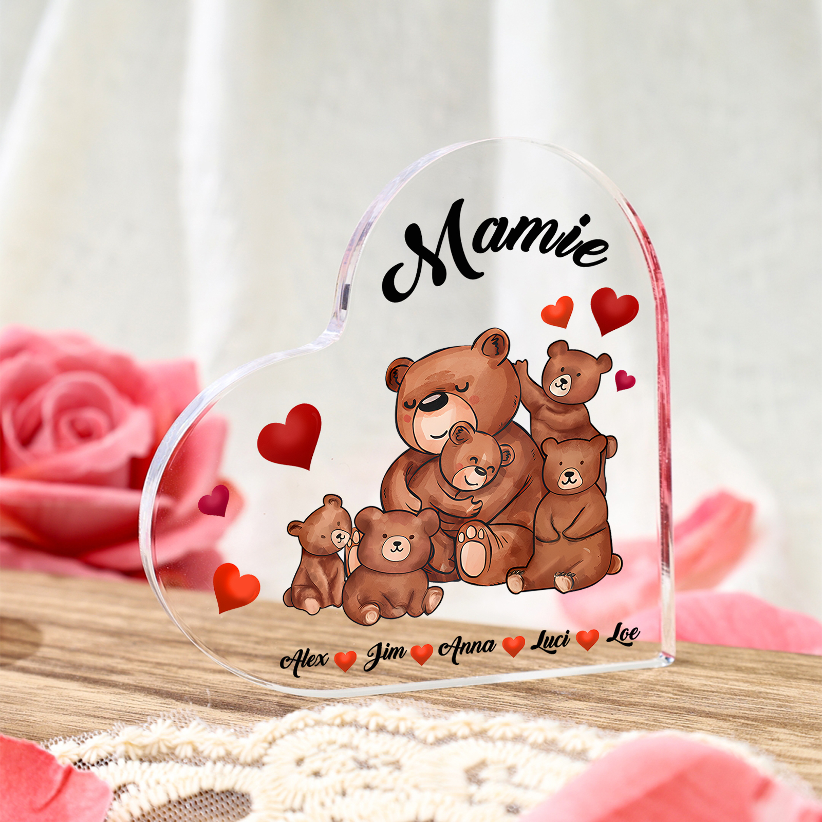À Ma Mamie Plaque Acrylique Commémorative en Forme de Cœur ours 5 Prénoms avec texte | Jessemade