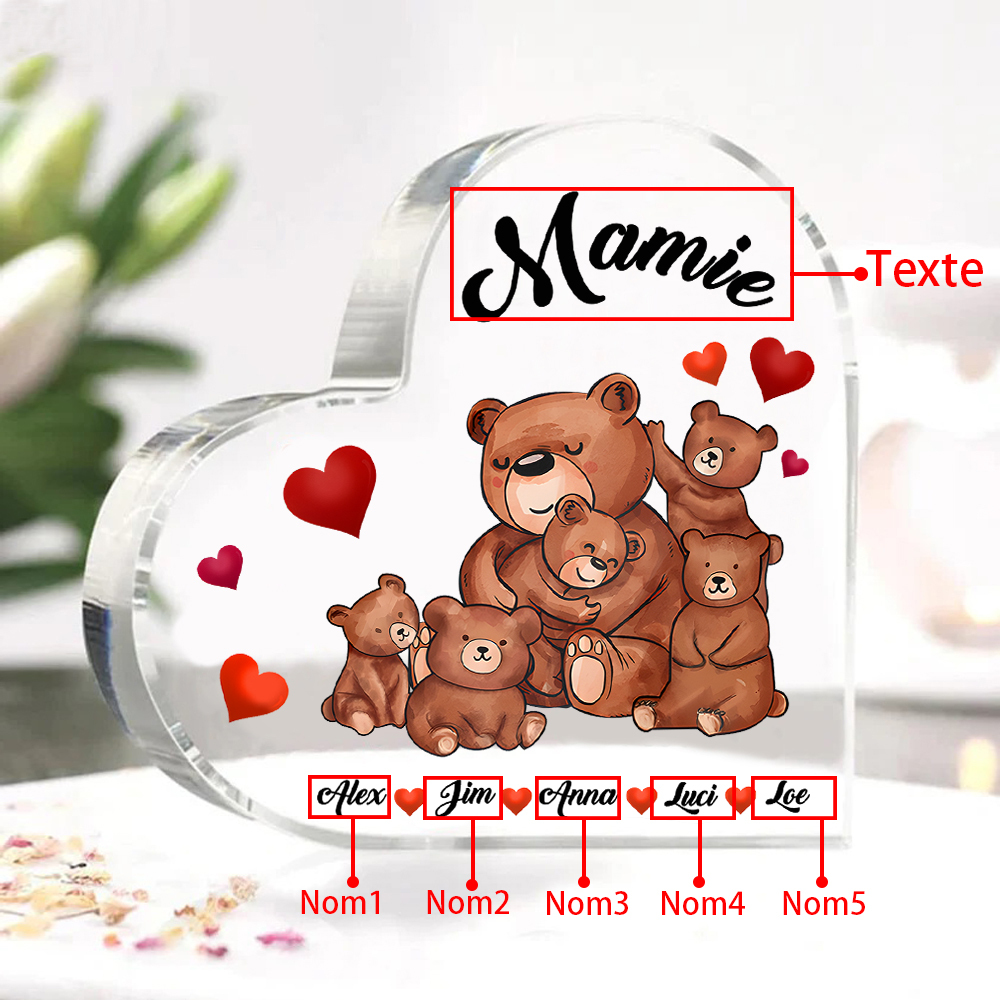 À Ma Mamie Plaque Acrylique Commémorative en Forme de Cœur ours 5 Prénoms avec texte | Jessemade