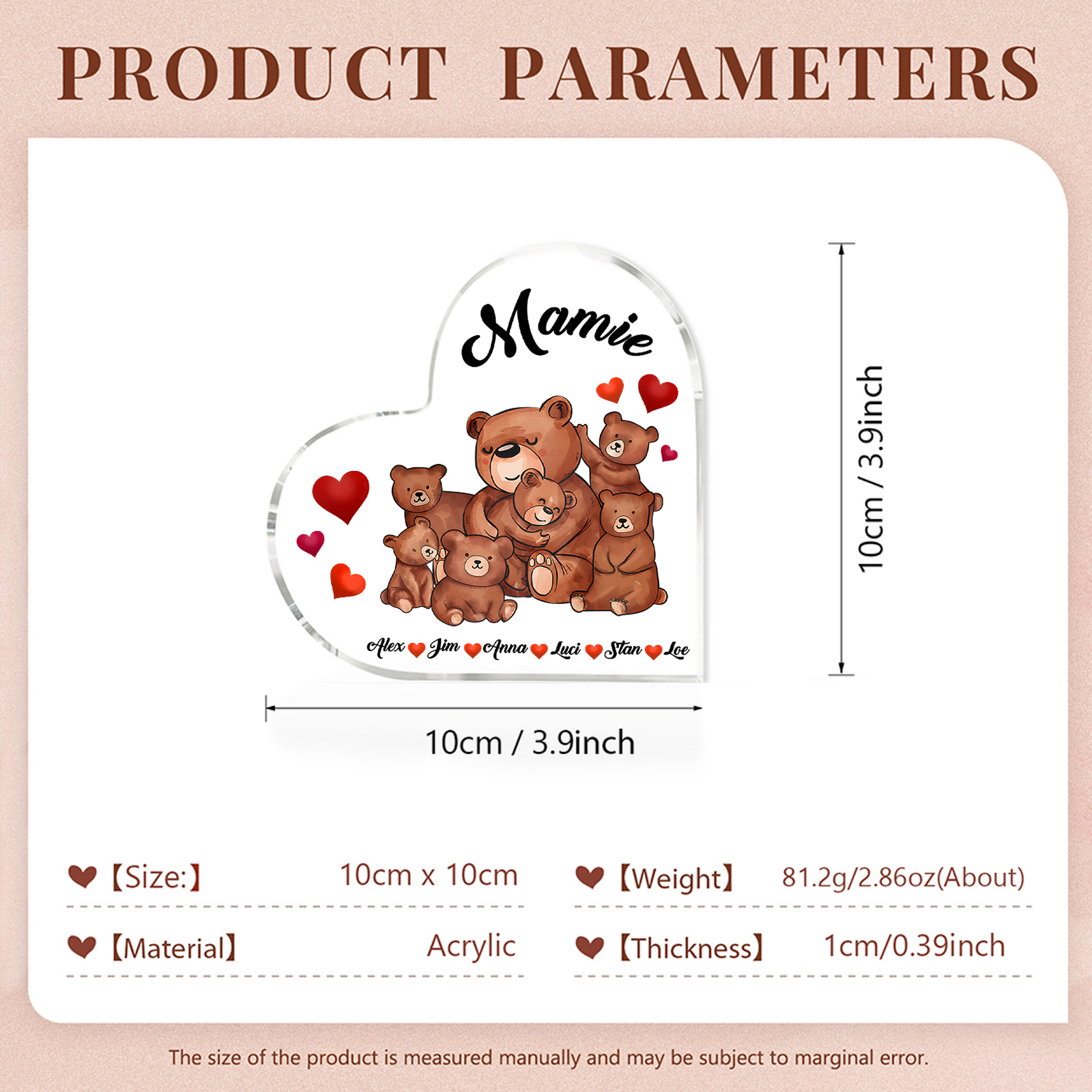 À Ma Mamie Plaque Acrylique Commémorative en Forme de Cœur ours 6 Prénoms avec texte | Jessemade