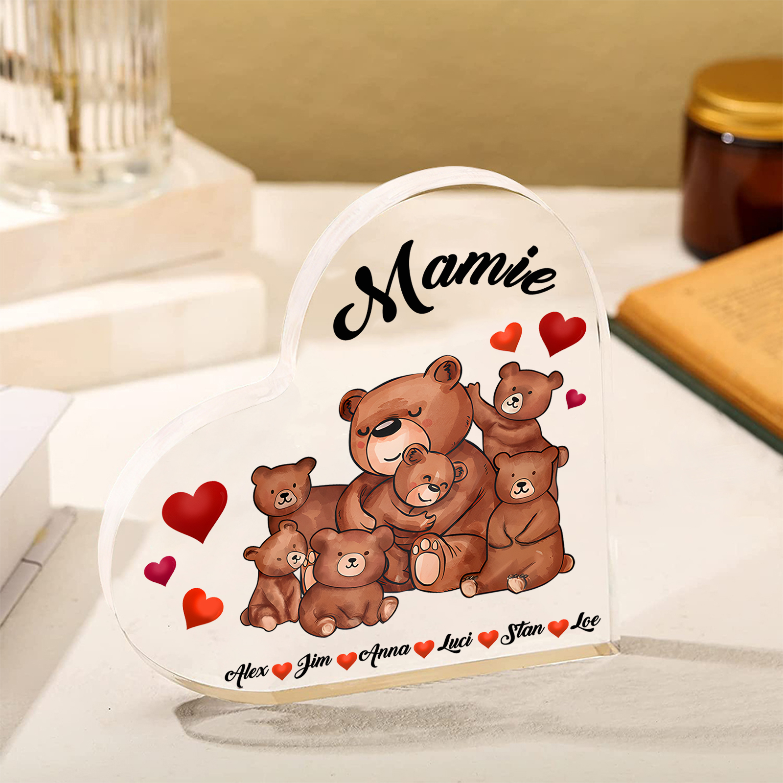 À Ma Mamie Plaque Acrylique Commémorative en Forme de Cœur ours 6 Prénoms avec texte | Jessemade