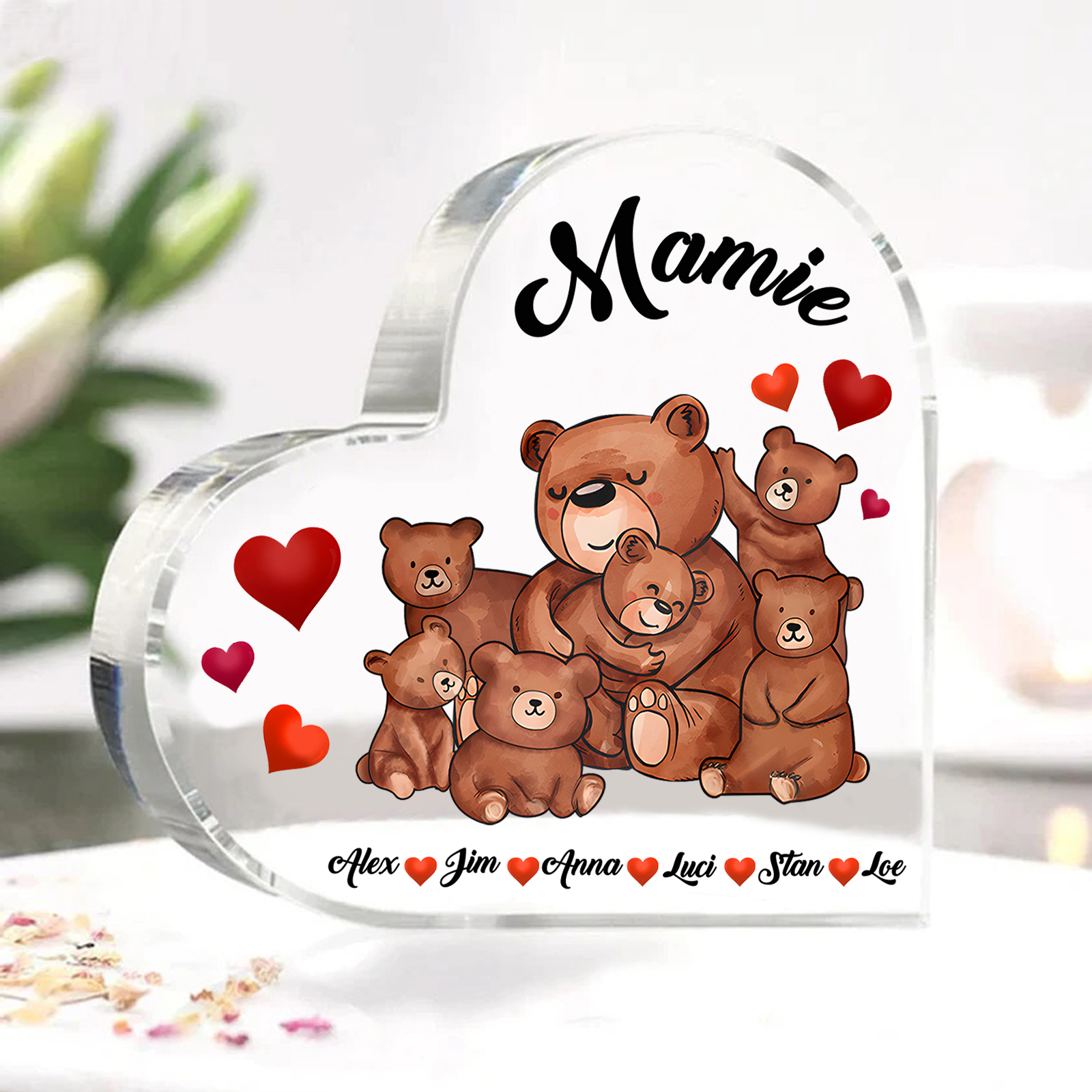À Ma Mamie Plaque Acrylique Commémorative en Forme de Cœur ours 6 Prénoms avec texte | Jessemade