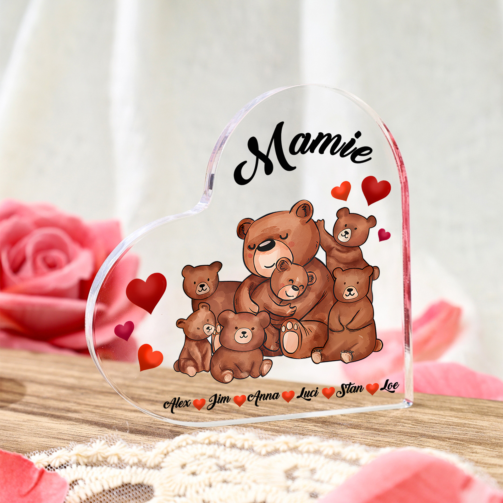 À Ma Mamie Plaque Acrylique Commémorative en Forme de Cœur ours 6 Prénoms avec texte | Jessemade