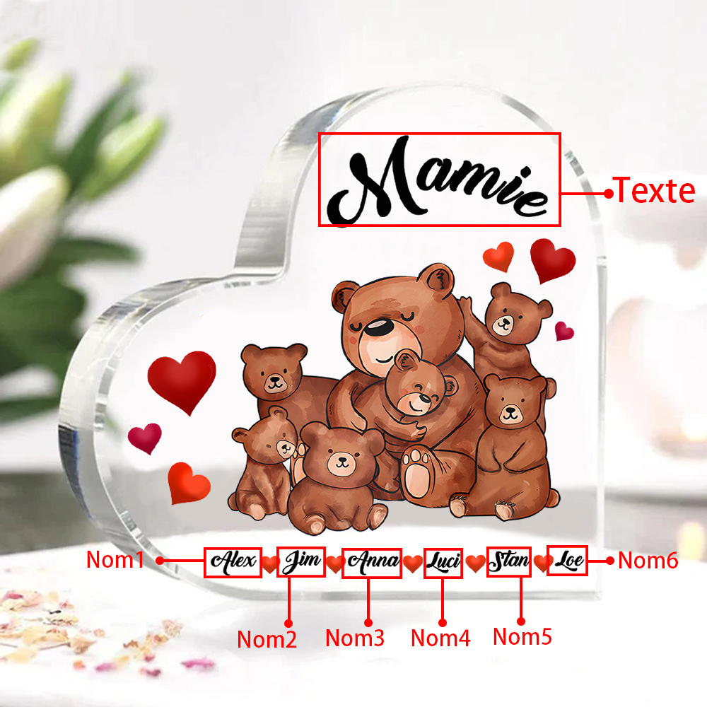 À Ma Mamie Plaque Acrylique Commémorative en Forme de Cœur ours 6 Prénoms avec texte | Jessemade