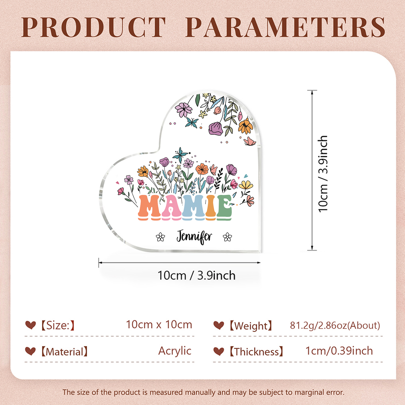 À Ma Mamie Plaque Acrylique Commémorative en Forme de Cœur ours 1 Prénoms avec texte | Jessemade