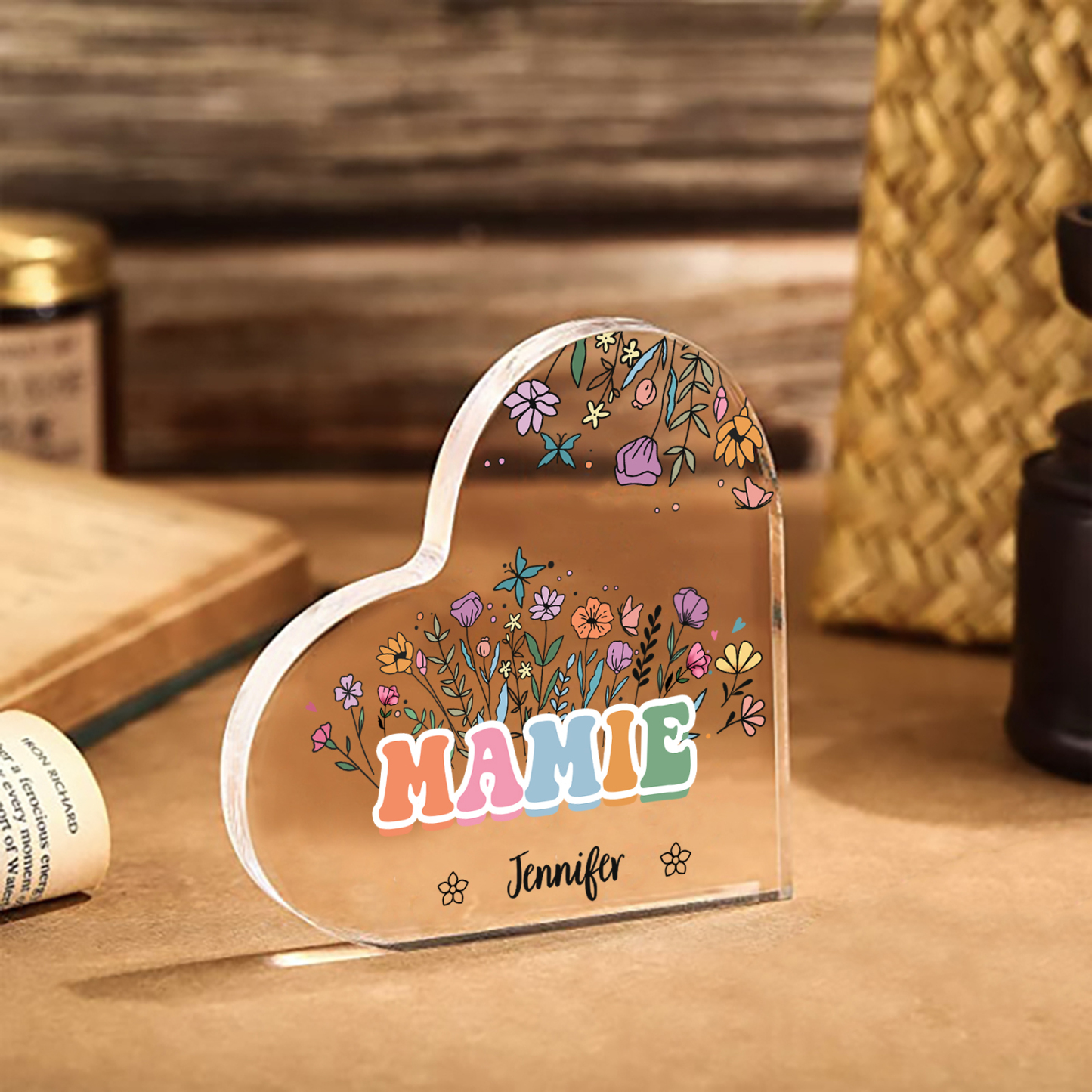 À Ma Mamie Plaque Acrylique Commémorative en Forme de Cœur ours 1 Prénoms avec texte | Jessemade