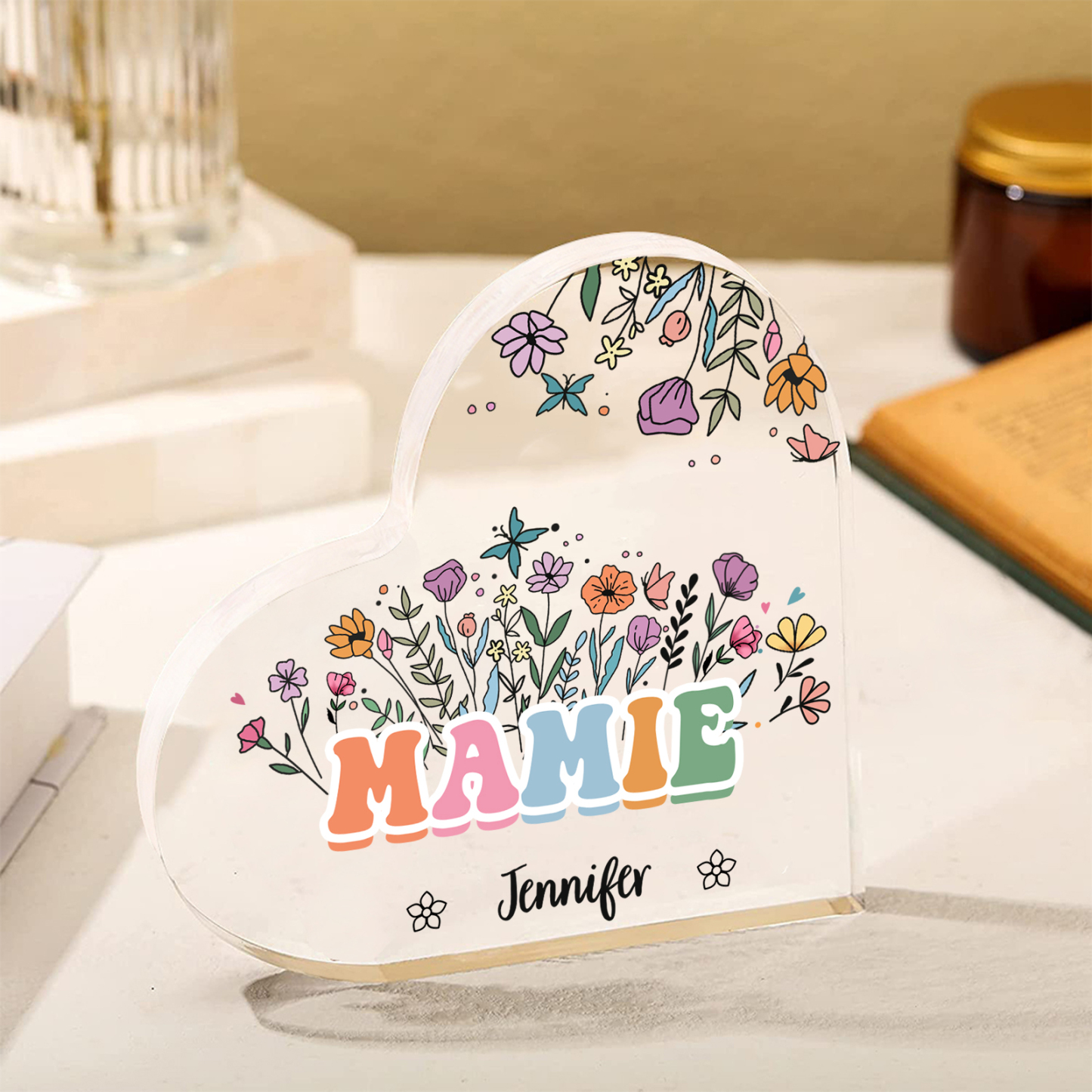 À Ma Mamie Plaque Acrylique Commémorative en Forme de Cœur ours 1 Prénoms avec texte | Jessemade