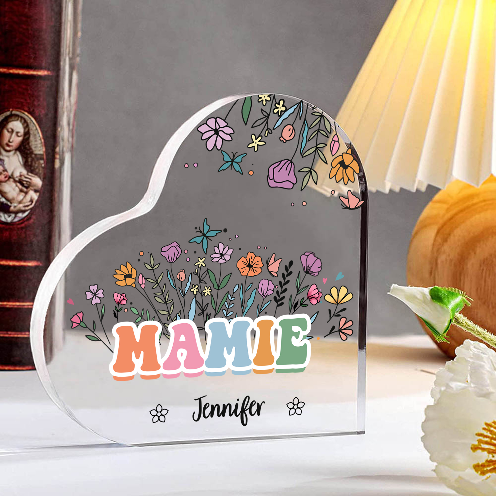 À Ma Mamie Plaque Acrylique Commémorative en Forme de Cœur ours 1 Prénoms avec texte | Jessemade