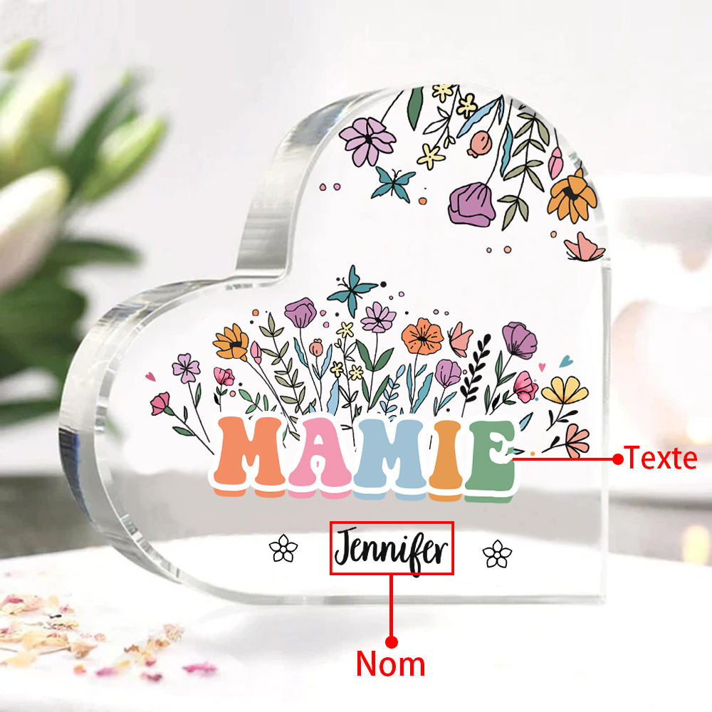 À Ma Mamie Plaque Acrylique Commémorative en Forme de Cœur ours 1 Prénoms avec texte | Jessemade