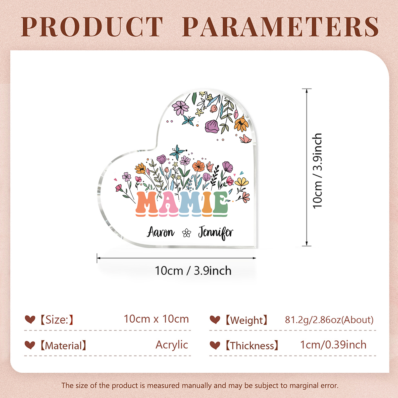 À Ma Mamie Plaque Acrylique Commémorative en Forme de Cœur ours 2 Prénoms avec texte | Jessemade