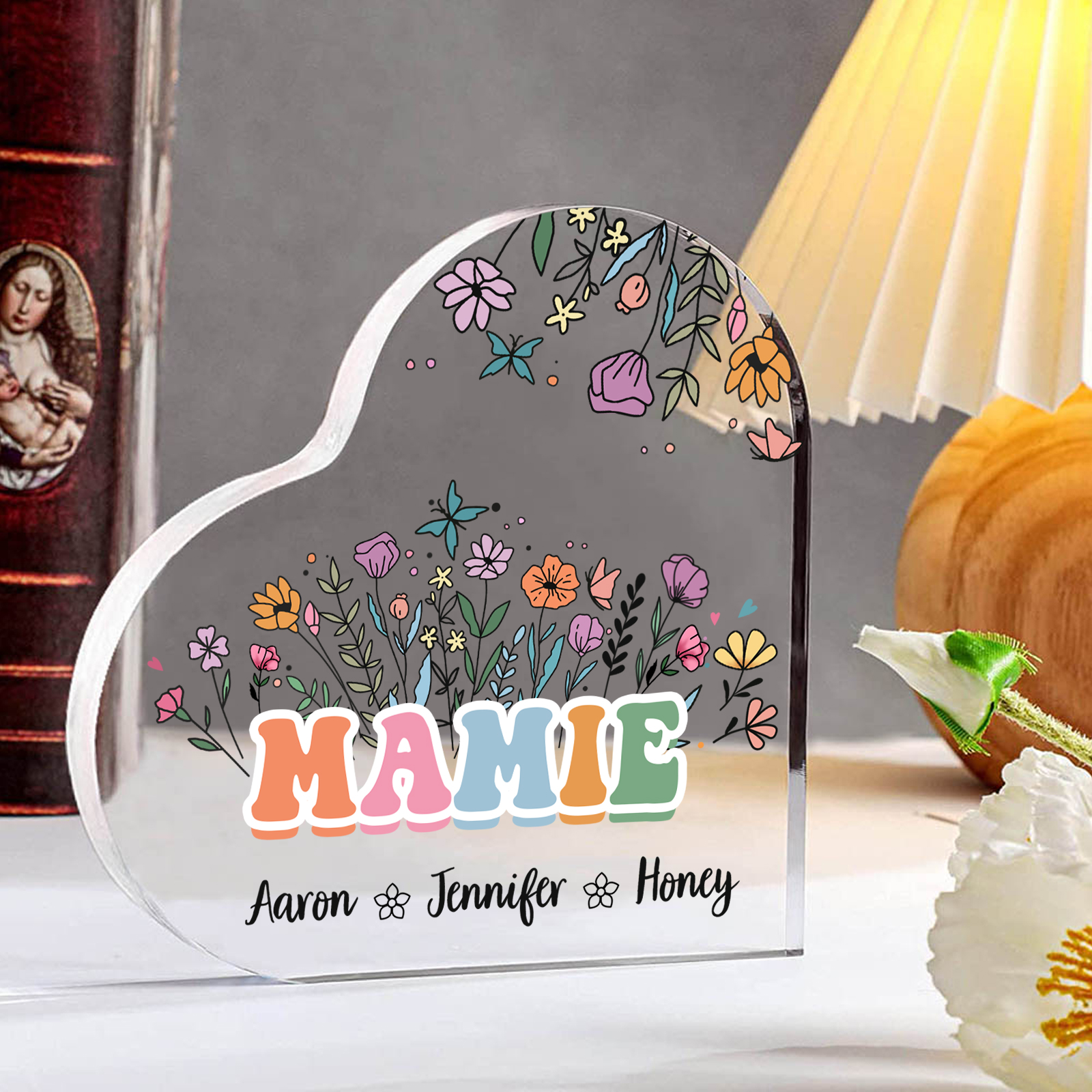 À Ma Mamie Plaque Acrylique Commémorative en Forme de Cœur ours 3 Prénoms avec texte | Jessemade