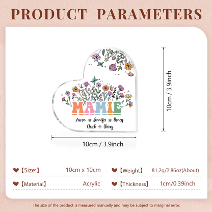 À Ma Mamie Plaque Acrylique Commémorative en Forme de Cœur ours 5 Prénoms avec texte | Jessemade