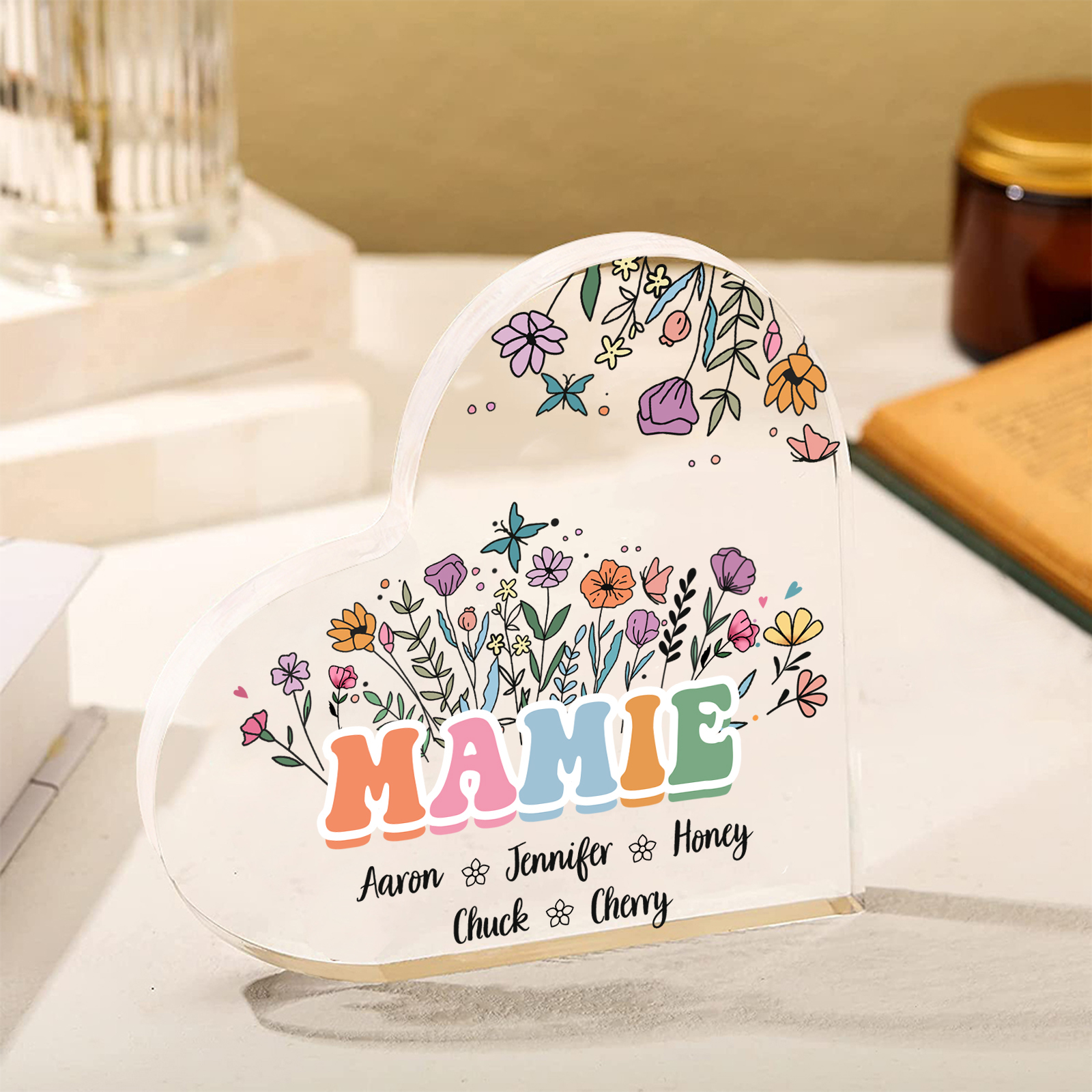 À Ma Mamie Plaque Acrylique Commémorative en Forme de Cœur ours 5 Prénoms avec texte | Jessemade