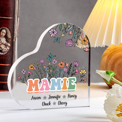 À Ma Mamie Plaque Acrylique Commémorative en Forme de Cœur ours 5 Prénoms avec texte | Jessemade
