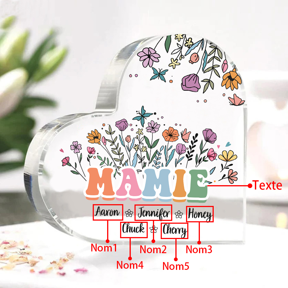 À Ma Mamie Plaque Acrylique Commémorative en Forme de Cœur ours 5 Prénoms avec texte | Jessemade