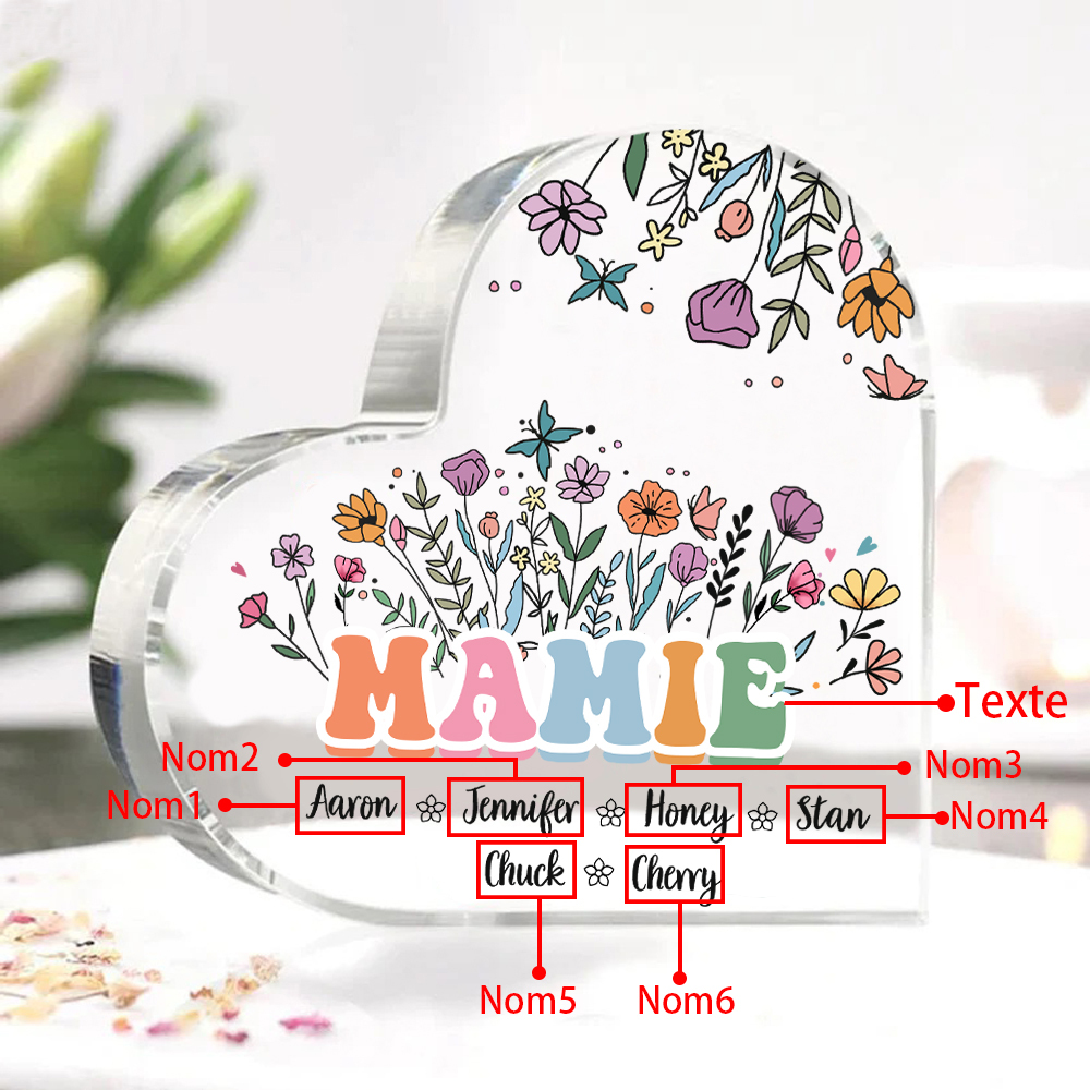 À Ma Mamie Plaque Acrylique Commémorative en Forme de Cœur ours 6 Prénoms avec texte | Jessemade